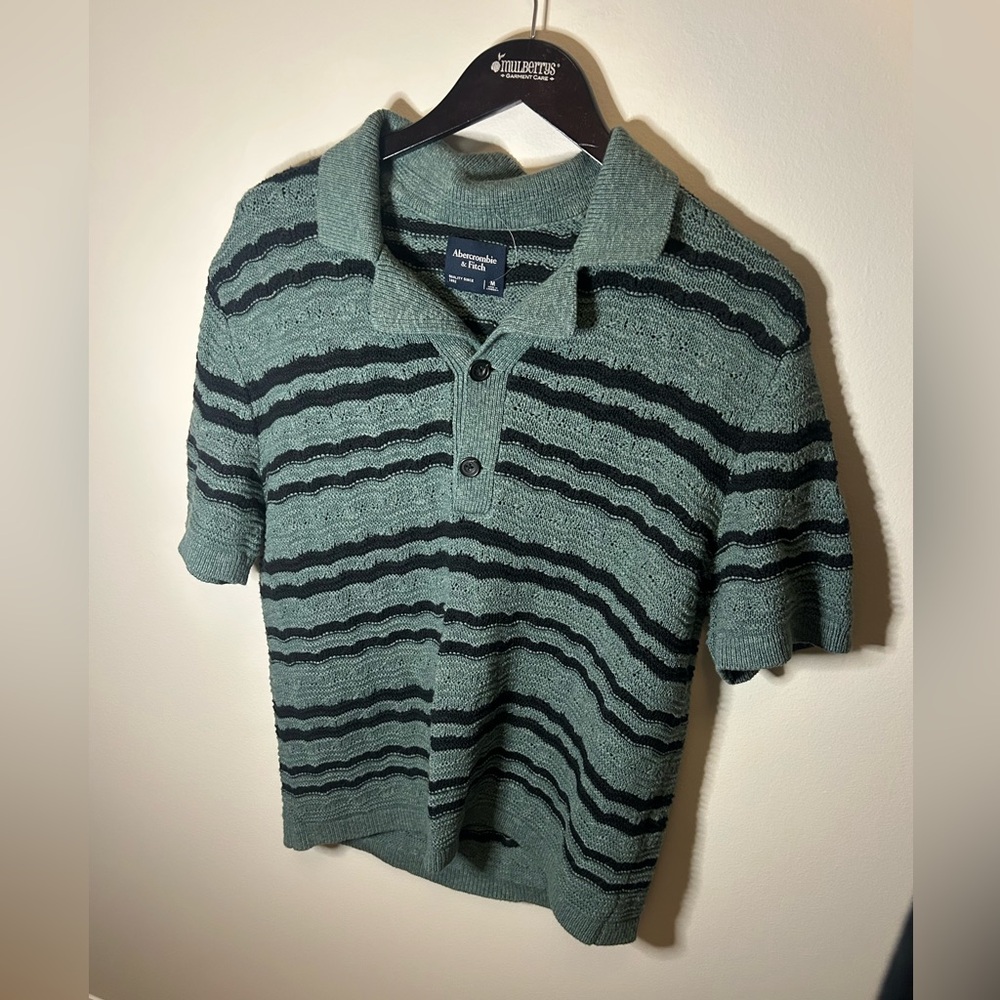 Abercrombie & Fitch Men's Green Striped Size M Camp Collar 2-Button Sweater Polo